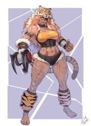 1girl abs absurdres animal_hood bare_shoulders breasts clawed_gauntlets cutoff_jeans cutoffs dark-skinned_female dark_skin eyepatch highres hood midriff multicolored_hair multiple_scars muscular muscular_female nail_polish ogami orange_eyes orange_hair original scar simple_background solo tiger_hood tongue tongue_out