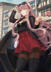 Rule 34 | 1girl, adjusting eyewear, black footwear, black jacket, black tube top, blowing kiss, blue sky, blush, boots, braid, breasts, brown thighhighs, car, city, commentary request, cowboy shot, day, fate/grand order, fate (series), heart, high-waist skirt, highres, jacket, jewelry, long hair, looking at viewer, mashuu (neko no oyashiro), medb (fate), medium breasts, motor vehicle, necklace, one eye closed, outdoors, pantyhose, pink hair, puckered lips, red eyes, red skirt, sidelocks, signature, skirt, sky, small breasts, solo, strapless, sunglasses, thigh boots, thighhighs, tube top, very long hair