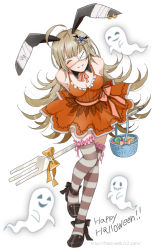 Rule 34 | 1girl, animal ears, arms behind back, basket, breasts, closed eyes, eyepatch, facing viewer, full body, ghost, halloween, happy halloween, hishi (k-xaby), long hair, original, rabbit ears, simple background, smile, solo, striped clothes, striped thighhighs, thighhighs, very long hair, watermark, web address, white background