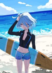 Rule 34 | 1girl, alternate costume, beach, blue hair, blue shorts, blue sky, breasts, closed eyes, cloud, cowboy shot, cowlick, crop top, furina (genshin impact), genshin impact, groin, hand on own head, hand up, highres, holding, holding surfboard, horizon, light blue hair, navel, ocean, open mouth, partially unzipped, rash guard, redc, short hair, short shorts, shorts, sidelocks, sky, small breasts, solo, surfboard, wavy hair, wet, wet clothes