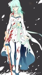 Rule 34 | 1girl, alternate costume, blood, blood in hair, blood on clothes, blood on face, blood on hands, blood splatter, bloody weapon, byleth (female) (fire emblem), byleth (fire emblem), dated, detached sleeves, dress, fire emblem, fire emblem: three houses, flower, glowing, green eyes, green hair, green nails, hair flower, hair ornament, highres, holding, holding sword, holding weapon, ijiro suika, nail polish, nintendo, petals, shaded face, strapless, strapless dress, sword, thighhighs, weapon, white thighhighs