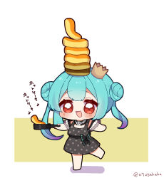 Rule 34 | 0725akaba, 1girl, :d, barefoot, black dress, blue hair, blush, brown background, colored shadow, crown, double bun, dress, food, frying pan, gradient hair, hair bun, highres, holding, hololive, mini crown, multicolored hair, open mouth, pancake, pancake stack, polka dot, polka dot dress, purple hair, red eyes, shadow, smile, solo, standing, standing on one leg, tilted headwear, translation request, twintails, twitter username, two-tone background, uruha rushia, virtual youtuber, white background