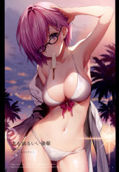 Rule 34 | 1girl, absurdres, alternate costume, arm up, armpits, bikini, black-framed eyewear, breasts, cleavage, collarbone, fate/grand order, fate (series), fingernails, food, glasses, hair over one eye, highres, huge filesize, long sleeves, looking at viewer, mash kyrielight, medium breasts, mouth hold, navel, necomi, off shoulder, palm leaf, palm tree, pink hair, popsicle, purple eyes, scan, short hair, sleeves past wrists, solo, stomach, sunset, swimsuit, thighs, tree, water, water drop, wet
