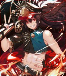 Rule 34 | 1girl, black hair, cape, chariko, commentary, fate/grand order, fate (series), gloves, hair between eyes, hat, highres, koha-ace, long hair, looking at viewer, oda nobunaga (fate), oda uri, open mouth, peaked cap, red eyes, smile, solo, very long hair, weapon