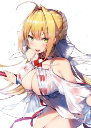 Rule 34 | &gt;:d, 1girl, :d, aestus estus, ahoge, bare shoulders, blonde hair, blush, bow, braid, breasts, cleavage, collarbone, dress, fate/grand order, fate (series), gown, green eyes, hair bow, hair intakes, hair ribbon, hands up, highres, holding, holding sword, holding weapon, large breasts, leaning forward, looking at viewer, nero claudius (fate), nero claudius (fate) (all), nero claudius (swimsuit caster) (fate), nero claudius (swimsuit caster) (third ascension) (fate), open mouth, orihi chihiro, ribbon, sidelocks, simple background, smile, solo, sword, thighs, v-shaped eyebrows, weapon, white background, white bow, white ribbon