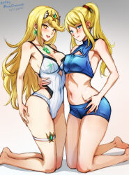 Rule 34 | 2girls, artist name, bare shoulders, blonde hair, blue eyes, blush, breast press, breasts, cleavage, clothing cutout, crop top, crossover, dated, hand on own ass, headpiece, jewelry, large breasts, long hair, looking at viewer, metroid, mina cream, mole, mole under mouth, multiple girls, mythra (radiant beach) (xenoblade), mythra (xenoblade), navel, nintendo, one-piece swimsuit, ponytail, revision, samus aran, shorts, side cutout, simple background, smile, strapless, strapless one-piece swimsuit, super smash bros., swept bangs, swimsuit, symmetrical docking, thigh strap, tiara, very long hair, white one-piece swimsuit, xenoblade chronicles (series), xenoblade chronicles 2, yellow eyes, yuri