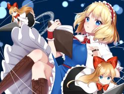 Rule 34 | 1girl, alice margatroid, apron, arms up, blonde hair, blue background, blue dress, blue eyes, blush, book, boots, bow, capelet, cross-laced footwear, dress, feet out of frame, floating, frilled ribbon, frills, hair bow, hairband, highres, holding, holding book, jewelry, knee boots, knees together feet apart, lance, leaning back, light particles, light trail, lolita hairband, long hair, looking at viewer, magic circle, open book, open mouth, parted lips, petticoat, polearm, puppet rings, red neckwear, red ribbon, revision, ribbon, ring, runes, sash, shanghai doll, shinonome asu, short hair, solo, teeth, touhou, upper teeth only, waist apron, weapon, white capelet, wrist cuffs