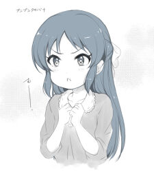 Rule 34 | 1girl, bow, clenched hands, collarbone, commentary request, flat chest, greyscale, hair bow, hands up, idolmaster, idolmaster cinderella girls, idolmaster cinderella girls u149, long hair, long sleeves, looking at another, monochrome, onion (lemlaml), pout, puffy cheeks, shirt, sidelocks, solo, tachibana arisu, translation request, upper body, v-shaped eyebrows, white background