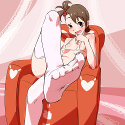 Rule 34 | 1girl, blush, bra, breasts, brown eyes, brown hair, chair, feet, female focus, foot focus, futami ami, idolmaster, idolmaster (classic), crossed legs, looking at viewer, natsumi hajime, no shoes, open mouth, short hair, sitting, smile, soles, solo, sweat, thighhighs, toes, underwear