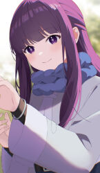 Rule 34 | 1girl, blue scarf, blurry, blurry background, blush, bracelet, closed mouth, fern (sousou no frieren), highres, jewelry, long hair, long sleeves, natsu12113, purple eyes, scarf, smile, solo, sousou no frieren, upper body