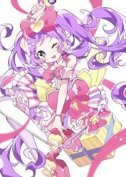 Rule 34 | 1girl, ;d, ahoge, arm up, bow, box, commentary request, detached collar, detached sleeves, dress, frilled thighhighs, frills, full body, gift, gift box, green eyes, hair bow, high heels, highres, holding, holding microphone, idol land pripara, key, long hair, looking at viewer, manaka laala, microphone, multicolored clothes, multicolored dress, one eye closed, open mouth, pink bow, pink footwear, pretty series, pripara, puffy detached sleeves, puffy sleeves, purple hair, ranirani (syohousen8), shoes, short dress, simple background, sleeveless, sleeveless dress, smile, solo, thighhighs, treble clef, twintails, very long hair, waist bow, white background, white thighhighs, yellow bow