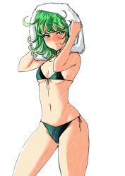 Rule 34 | 1girl, absurdres, artist request, bare legs, bikini, black bikini, blush, border, breasts, curly hair, curvy, gluteal fold, green eyes, green hair, highres, lips, looking at viewer, looking to the side, navel, one-punch man, side-tie bikini bottom, simple background, small breasts, solo, swimsuit, tatsumaki, thick thighs, thighs, towel, towel on head, wet, white background