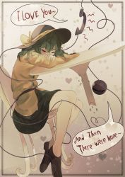 Rule 34 | 1girl, absurdres, black footwear, black hat, blouse, brown background, closed eyes, commentary, corded phone, english commentary, english text, eyeball, full body, green hair, hair between eyes, hat, hat ribbon, highres, komeiji koishi, leaning on table, limited palette, long sleeves, medium hair, naufaldreamer, on chair, phone, ribbon, shirt, sitting, skirt, solo, speech bubble, third eye, touhou, yellow ribbon, yellow shirt