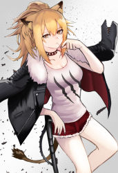 Rule 34 | 1girl, absurdres, animal ears, arknights, bad id, bad pixiv id, black jacket, black nails, blonde hair, breasts, cleavage, collarbone, commentary request, grey background, hair between eyes, highres, jacket, jacket on shoulders, lion ears, lion tail, long hair, long sleeves, looking at viewer, medium breasts, nail polish, partial commentary, red shorts, reneph, short shorts, shorts, siege (arknights), simple background, solo, standing, tail, tank top, thighs, white tank top, yellow eyes