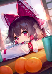 Rule 34 | 1girl, ainy, artist name, bare shoulders, black hair, blurry, blurry foreground, blush, bow, commentary request, cup, detached sleeves, dutch angle, food, frilled bow, frills, fruit, hair between eyes, hair bow, hair tubes, hakurei reimu, highres, orange (fruit), red bow, red eyes, shadow, short hair, sidelocks, solo, touhou, twitter username, yunomi