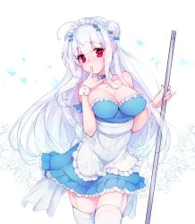 Rule 34 | 1girl, ahoge, apron, azur lane, bare shoulders, blue bow, blue dress, bow, braid, braided bun, breasts, cleavage, collar, collarbone, cygnet (an offer to be maid) (azur lane), cygnet (azur lane), detached collar, double bun, dress, finger to mouth, floating hair, frilled apron, frills, garter straps, hair bow, hair bun, hand up, head tilt, highres, holding, holding mop, large breasts, looking at viewer, maid, maid apron, maid headdress, mop, red eyes, shichijou natori, silver hair, solo, standing, strapless, strapless dress, thighhighs, waist apron, white apron, white collar, white thighhighs, wing collar, wrist cuffs