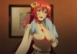 Rule 34 | 10s, 1girl, breasts, cleavage, female focus, highres, lamia, large breasts, long hair, miia (monster musume), monster girl, monster musume no iru nichijou, red hair, smile, solo, standing, stitched, third-party edit
