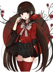 Rule 34 | 1girl, :o, adjusting hair, arm at side, bad id, bad pixiv id, blunt bangs, blush, bow, bowtie, branch, brown bow, brown bowtie, brown hair, cowboy shot, danganronpa (series), danganronpa v3: killing harmony, earrings, flower, hair ornament, hand up, harukawa maki, jewelry, long hair, long sleeves, looking at viewer, low twintails, open mouth, pleated skirt, red eyes, red shirt, red thighhighs, school uniform, serafuku, shirt, sidelocks, skirt, sleeves pushed up, solo, ssumbi, standing, stud earrings, thighhighs, twintails, very long hair, zettai ryouiki