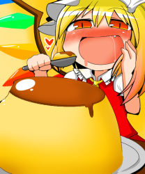 Rule 34 | 1girl, asymmetrical hair, asymmetrical wings, big mouth, blonde hair, crystal, dress, drooling, eating, fang, flandre scarlet, food, giga pudding, hand on own cheek, hand on own face, hat, kunitori, mob cap, name connection, object namesake, open mouth, oversized food, oversized object, pudding, red dress, red eyes, saliva, short hair, side ponytail, slit pupils, solo focus, touhou, wings
