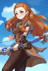 Rule 34 | 1girl, aloy (horizon), artist request, ass, bangs pinned back, blurry, bow (weapon), braid, breasts, brown hair, collaboration, depth of field, genshin impact, green eyes, highres, holding, holding bow (weapon), holding weapon, horizon (video game), horizon zero dawn, long hair, medium breasts, pants, smile, solo, weapon