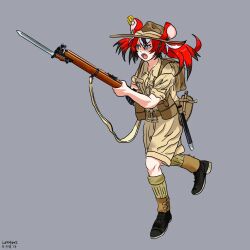 Rule 34 | 1girl, animal ears, bayonet, belt, black hair, blue eyes, bolt action, boots, brown footwear, commentary, dated, english commentary, full body, grey background, gun, hair ornament, hakos baelz, hat, highres, holding, holding gun, holding weapon, hololive, hololive english, lee-enfield, long hair, long sleeves, lurkatwurk, military, military uniform, mouse ears, mouse girl, mousetrap, multicolored hair, open mouth, pouch, red hair, rifle, running, scabbard, sharp teeth, sheath, shirt, shoes, signature, simple background, smle, socks, solo, standing, streaked hair, teeth, twintails, uniform, virtual youtuber, weapon, white hair, world war i