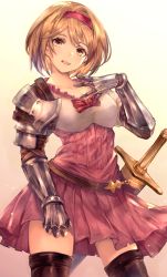 Rule 34 | 1girl, absurdres, armor, belt, blonde hair, boots, breasts, brown hair, brown thighhighs, collarbone, cowboy shot, djeeta (granblue fantasy), dress, facing viewer, gauntlets, gradient background, granblue fantasy, hairband, highres, looking at viewer, medium breasts, monogrbl, open mouth, pink dress, pink hairband, pleated dress, scabbard, sheath, sheathed, short dress, short hair, shoulder armor, simple background, smile, solo, standing, sword, thigh boots, thighhighs, weapon, white background, zettai ryouiki