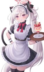 Rule 34 | 1girl, :q, absurdres, alternate costume, animal ears, apron, black flower, blue archive, cake, cat ears, cat tail, enmaided, fake animal ears, fake tail, flower, food, fruit, grey hair, halo, highres, holding, long hair, looking at viewer, maid, maid apron, maid headdress, mutsuki (blue archive), neck ribbon, purple eyes, red halo, red ribbon, ribbon, seungju lee, side ponytail, simple background, solo, strawberry, tail, thighhighs, thighs, tongue, tongue out, very long hair, white apron, white background, zettai ryouiki