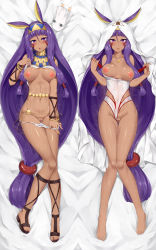 Rule 34 | 1girl, :o, animal ears, bangle, bare legs, bare shoulders, barefoot, bed sheet, blanket, blunt bangs, blush, bracelet, breasts, breasts apart, breasts out, censored, closed mouth, clothes lift, clothing aside, competition swimsuit, covered navel, dakimakura (medium), dark-skinned female, dark skin, darkmaya, earrings, facepaint, fate/grand order, fate (series), foreshortening, from above, full body, groin, hair tubes, hairband, highres, hoop earrings, jewelry, knees together feet apart, lifting own clothes, lips, long hair, looking at viewer, looking up, low-tied long hair, lying, medium breasts, medjed (fate), mosaic censoring, multiple views, navel, necklace, nipples, nitocris (fate), nitocris (fate/grand order), nitocris (swimsuit assassin) (fate), nitocris (swimsuit assassin) (second ascension) (fate), on back, one-piece swimsuit, open mouth, panties, panty pull, pendant, pulling own clothes, pussy, pussy juice, rabbit ears, revealing clothes, sample watermark, sandals, shiny skin, skin tight, smile, stomach, strap pull, swimsuit, swimsuit aside, thigh gap, toes, two-tone hairband, underwear, usekh collar, very long hair, watermark, white one-piece swimsuit