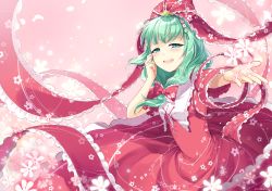 Rule 34 | 1girl, breasts, dress, flower, frilled ribbon, frills, front ponytail, green eyes, green hair, hair ribbon, half-closed eyes, hand in own hair, kagiyama hina, long hair, looking at viewer, mito tsubaki, open mouth, outstretched hand, petals, pink background, puffy short sleeves, puffy sleeves, red dress, ribbon, short sleeves, simple background, small breasts, solo, touhou, wind