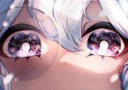 1girl absurdres astellar_of_the_white_forest blush c_civciv close-up diabellstar_the_black_witch duel_monster eye_focus grey_hair hair_between_eyes highres monocle reflection rucia_of_the_white_forest silvy_of_the_white_forest solo yu-gi-oh!