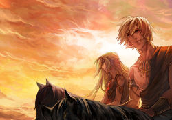 Rule 34 | 2boys, ancient, armlet, blonde hair, bracelet, braid, darkwinslow, earrings, enkidu (fate), fate/strange fake, fate/zero, fate (series), french braid, gilgamesh (fate), green eyes, green hair, half updo, horse, jewelry, long hair, male focus, multiple boys, necklace, red eyes, sunset, toga