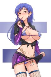 Rule 34 | 1girl, alternate breast size, blue background, blue hair, blush, breasts, brown eyes, candy, commentary request, commission, condom, ear piercing, earrings, fishnet thighhighs, fishnets, food, highres, idolmaster, idolmaster (classic), jewelry, kisaragi chihaya, large breasts, licking, lollipop, long hair, navel, nipple piercing, nipples, piercing, pixiv commission, purple skirt, skirt, solo, standing, striped, striped background, thighhighs, thighs, twogie, white background