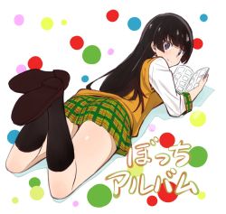 Rule 34 | 1girl, black hair, black legwear, blue eyes, book, character request, closed mouth, long hair, looking at viewer, looking back, lying, on stomach, school uniform, skirt, smile, solo, yamaguchi satoshi