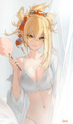 Rule 34 | 1girl, absurdres, ai dongdong, alternate costume, bare shoulders, blonde hair, bra, breasts, cleavage, collarbone, crossed bangs, curtains, genshin impact, hair between eyes, hair ornament, highres, kanzashi, large breasts, long hair, looking at viewer, navel, off shoulder, open clothes, open shirt, panties, parted lips, ponytail, shirt, sidelocks, smile, solo, stomach, underwear, white shirt, yellow eyes, yoimiya (genshin impact)