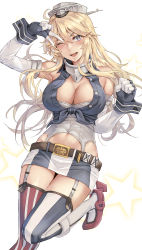 Rule 34 | 1girl, ahoge, american flag legwear, armpits, asymmetrical legwear, belt, belt buckle, blonde hair, blue eyes, breasts, brown belt, buckle, cleavage, covered navel, front-tie top, garter straps, hair between eyes, highres, iowa (kancolle), kantai collection, kokuzou, large breasts, long hair, miniskirt, mismatched legwear, navel, one eye closed, open mouth, rudder footwear, simple background, skirt, smile, solo, star-shaped pupils, star (symbol), striped clothes, striped thighhighs, symbol-shaped pupils, thighhighs, v, vertical-striped clothes, vertical-striped thighhighs, white background