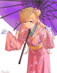 Rule 34 | 1girl, absurdres, bad id, bad pixiv id, blonde hair, closed mouth, double bun, fang, fang out, feet out of frame, gloves, green eyes, hair between eyes, hair bun, hair ornament, highres, hololive, japanese clothes, kimono, lace trim, leaning forward, long hair, looking at viewer, momosuzu nene, obi, oil-paper umbrella, patchouli knowledge, purple umbrella, reulem, sash, skin fang, smile, snowing, solo, umbrella, virtual youtuber, white gloves, wide sleeves