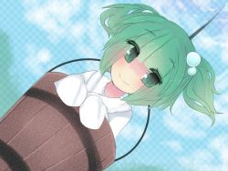 Rule 34 | 1girl, bucket, green hair, hair bobbles, hair ornament, in bucket, in container, kisume, short hair, smile, terupancake, touhou, twintails