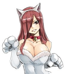 Rule 34 | :d, animal ears, animal hands, bare shoulders, bell, breasts, cat ears, cat paws, cosplay, elbow gloves, erza scarlet, fairy tail, fake animal ears, gloves, jingle bell, large breasts, leotard, long hair, mashima hiro, official art, open mouth, red hair, smile, strapless, teeth, upper body