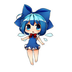 Rule 34 | 1girl, blue eyes, blue hair, bow, chibi, cirno, dress, hair bow, ice, ice wings, kinakomoti, lowres, matching hair/eyes, open mouth, short hair, solo, touhou, white background, wings