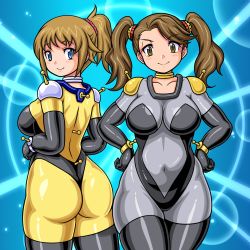 Rule 34 | 2girls, alternate color, alternate costume, ass, blue eyes, blush, bodysuit, breasts, brown eyes, brown hair, cosplay, cupsoup, from behind, g gundam, gundam, gundam build fighters, gundam build fighters try, hands on own hips, hoshino fumina, large breasts, long hair, looking at viewer, looking back, mobile trace suit, multiple girls, parody, ponytail, rain mikamura, rain mikamura (cosplay), sazaki kaoruko, scrunchie, shiny clothes, sideboob, simple background, skin tight, smile, thighhighs, thighs, twintails