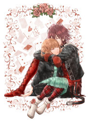 Rule 34 | 1boy, 1girl, ace (playing card), ace of hearts, amnesia (idea factory), bishounen, boots, braid, brown hair, card, closed eyes, couple, cross-laced footwear, dress, flower, full body, gloves, hair bun, heart, heroine (amnesia), hetero, hug, jacket, lace-up boots, pantyhose, patterned legwear, pink flower, pink rose, plaid, plaid legwear, playing card, pleated dress, red footwear, rose, shin (amnesia), shoes, short hair, single hair bun, tanaka (03283737), tanaka (07tga), white footwear