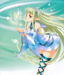 Rule 34 | 1girl, absurdres, bad id, bad yandere id, bent over, blouse, carnelian, cross-laced footwear, cupping hands, detached sleeves, dress, elf, fairy, glowing, green eyes, green hair, highres, huge filesize, leaning forward, long hair, long sleeves, matching hair/eyes, miniskirt, own hands together, pointy ears, shirt, skirt, solo, standing, thigh strap, thighhighs, tiara, very long hair, white dress