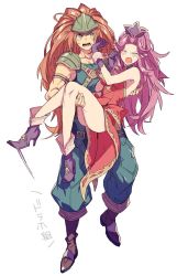Rule 34 | 1boy, 1girl, aircraft, angela (seiken densetsu 3), ankle boots, armlet, armor, black footwear, blouse, blue headwear, blue pants, blue shirt, boots, carrying, commentary, dress, duran (seiken densetsu 3), ebira, closed eyes, frown, full body, gloves, green headwear, hairband, hand on another&#039;s face, hat, helicopter, high heel boots, high heels, long hair, looking at another, medium dress, open mouth, pants, pauldrons, pointy ears, princess carry, purple footwear, purple gloves, purple hair, pushing away, red dress, red hairband, seiken densetsu, seiken densetsu 3, shirt, shoulder armor, simple background, sleeveless, sleeveless dress, sleeveless shirt, standing, translation request, tsundere, v-shaped eyebrows, white background