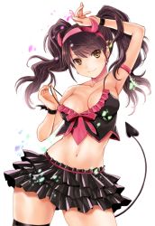 Rule 34 | 1girl, alternate costume, breasts, brown eyes, brown hair, cleavage, demon tail, earrings, fake horns, headband, horned headwear, horns, jewelry, kujikawa rise, midriff, navel, persona, persona 4, persona 4: dancing all night, persona dancing, seiru (prairie), skirt, solo, strap gap, strap lift, tail, thighhighs, thighs, twintails, white background, wristband