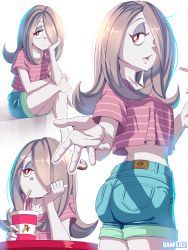 Rule 34 | 10s, 1girl, absurdres, alternate costume, artist name, ass, blouse, breasts, casual, contemporary, crossed legs, danfer3, denim, denim shorts, drink, drinking straw, hair over one eye, half-closed eyes, highres, legs, little witch academia, long hair, looking back, midriff, multiple views, mushroom, navel, parted lips, pink hair, purple hair, red eyes, shirt, short hair, shorts, simple background, sitting, striped clothes, striped shirt, sucy manbavaran, t-shirt, white background