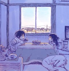 Rule 34 | 1boy, 1girl, absurdres, book, closed mouth, commentary request, hanten (clothes), highres, holding, holding book, indoors, kotatsu, limited palette, long hair, muji (uimss), open book, original, parted lips, plant, potted plant, profile, reading, short hair, sitting, stuffed animal, stuffed crocodile, stuffed toy, table, television