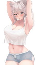 Rule 34 | 1girl, absurdres, ahoge, alternate costume, animal ears, armpits, arms behind head, arms up, bare arms, bare shoulders, blue eyes, blush, breasts, camisole, cleavage, contrapposto, covered erect nipples, cowboy shot, crop top, crop top overhang, dolphin shorts, grey hair, hair between eyes, highres, hololive, large breasts, lion ears, long hair, looking at viewer, midriff, mouth hold, navel, no bra, ponytail, shirt, shishiro botan, short shorts, shorts, sideboob, simple background, sleeveless, stomach, tomj, tying hair, virtual youtuber, white background, white shirt