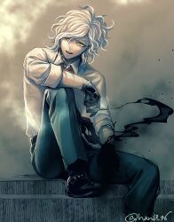 Rule 34 | 1boy, arm on knee, bantian96, between fingers, black footwear, black pants, cigarette, collared shirt, edmond dantes (fate), eyelashes, fate/grand order, fate (series), foot out of frame, holding, holding cigarette, knee up, male focus, multiple scars, necktie, open mouth, pants, scar, scar on arm, shirt, short hair, sitting, smoke, smoking, solo, twitter username, wavy hair, white shirt, yellow eyes