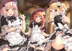 Rule 34 | 3girls, :d, alternate costume, apron, black dress, black legwear, blonde hair, blush, chieru (princess connect!), chloe (princess connect!), commentary request, cowboy shot, dress, enmaided, frilled dress, frills, hair between eyes, hand up, highres, indoors, looking at viewer, maid, maid headdress, multiple girls, open mouth, orange hair, pink hair, princess connect!, purple eyes, rumiko (rmeco), short sleeves, skirt hold, smile, standing, star (symbol), star in eye, symbol in eye, thighhighs, white apron, wrist cuffs, yellow eyes, yuni (princess connect!)