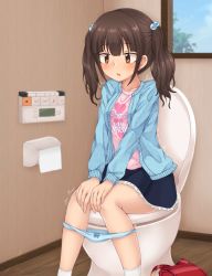 Rule 34 | 1girl, artist name, azuma (azumapic), backpack, bag, blue jacket, blue panties, blue skirt, blue sky, blush, bow, bow panties, breasts, brown eyes, brown hair, clothes writing, cloud, collarbone, day, english text, female focus, frilled skirt, frills, hair bobbles, hair ornament, hands on own knees, heart, highres, indoors, jacket, long sleeves, miniskirt, open clothes, open jacket, open mouth, original, panties, panty pull, pink shirt, shirt, signature, sitting, skirt, sky, small breasts, socks, solo, sweat, textless version, toilet, toilet paper, toilet use, tree, trembling, twintails, underwear, white socks, window